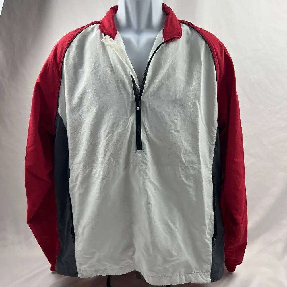 Footjoy Men L White Red Quarter Zip Long Sleeve Pullover Lightweight Windbreaker
